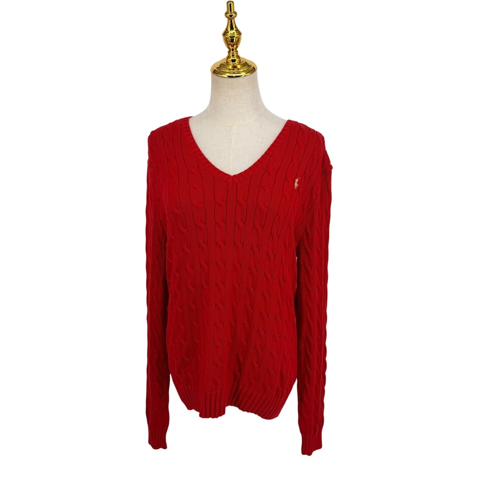 Polo Ralph Lauren Sweater Womens XL Red Cable Knit V-Neck Pony Logo Classic
